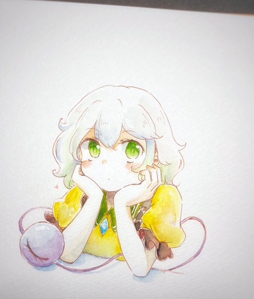 1girl blush buttons closed_mouth collared_shirt commentary_request diamond_button eyeball frilled_shirt_collar frills green_eyes green_hair hands_on_own_cheeks hands_on_own_face highres komeiji_koishi looking_at_viewer no_headwear photo_(medium) shiro_tsugumi shirt short_sleeves solo third_eye touhou traditional_media yellow_shirt