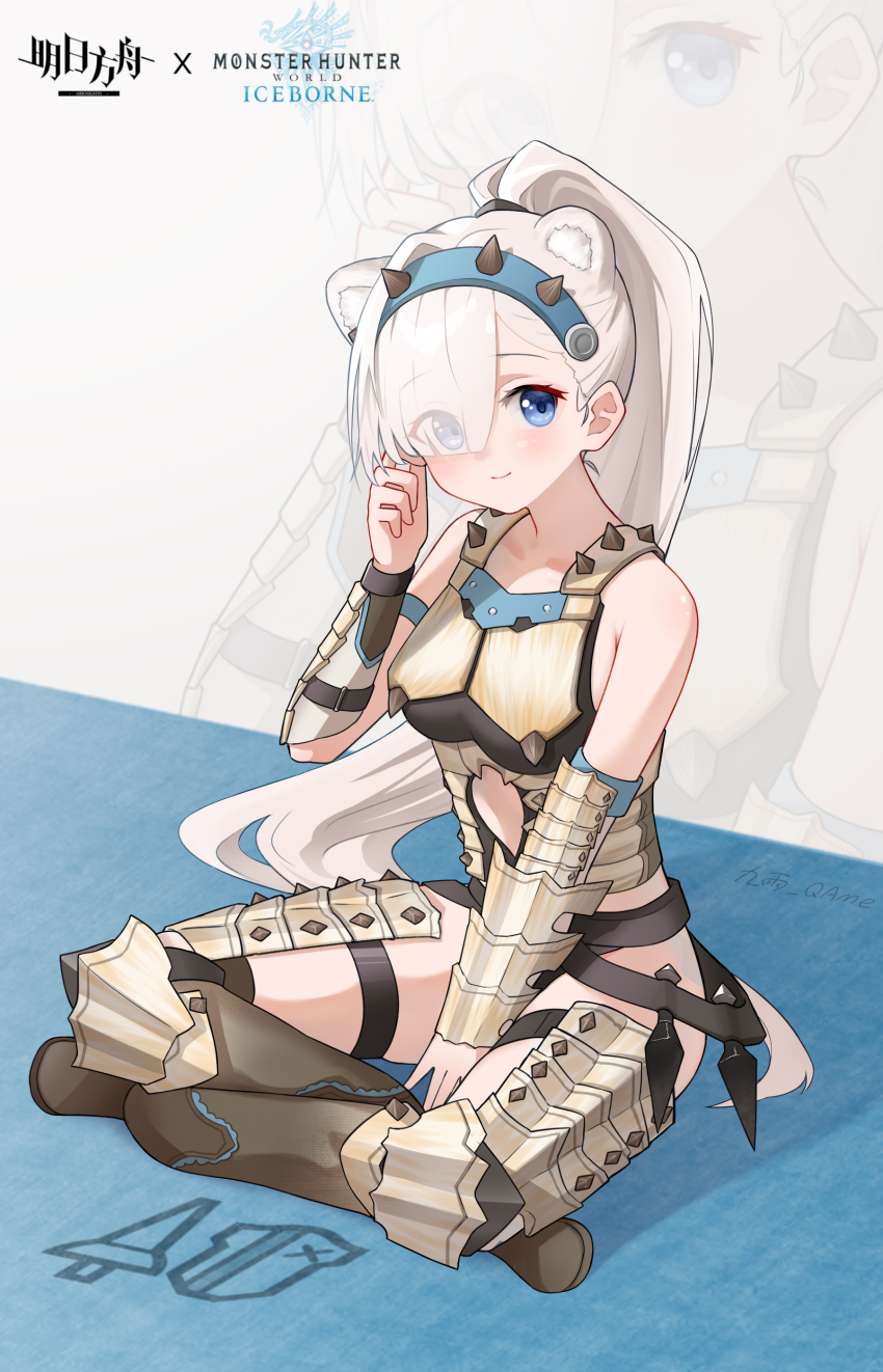 1girl absurdres animal_ears arknights armor aurora_(arknights) bare_shoulders between_legs blue_eyes blue_hairband blush character_request check_character chinese_commentary closed_mouth commentary_request copyright_name eyes_visible_through_hair full_body hair_over_one_eye hairband hand_between_legs hand_up highres indian_style jiuyu_qame knee_pads kunai long_hair looking_at_viewer monster_hunter:_world monster_hunter_(series) monster_hunter_world:_iceborne ponytail sitting sleeveless smile solo spiked_hairband spikes strap thigh_armor vambraces weapon white_hair zoom_layer