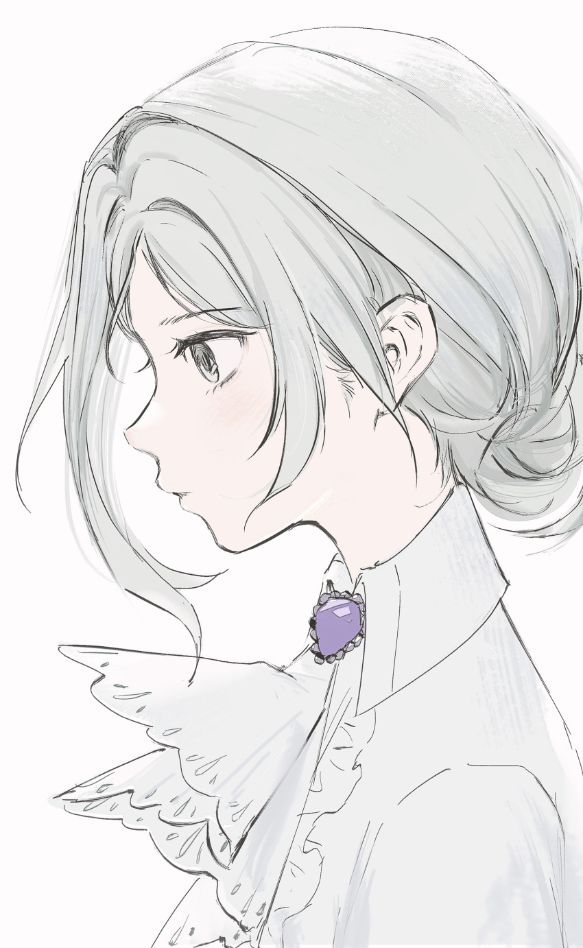 1girl absurdres ascot collared_shirt grey_eyes grey_hair hair_bun highres portrait profile reverse:1999 shirt short_hair single_side_bun solo vertin_(reverse:1999) white_ascot white_background white_shirt yukiri_(l_ii)