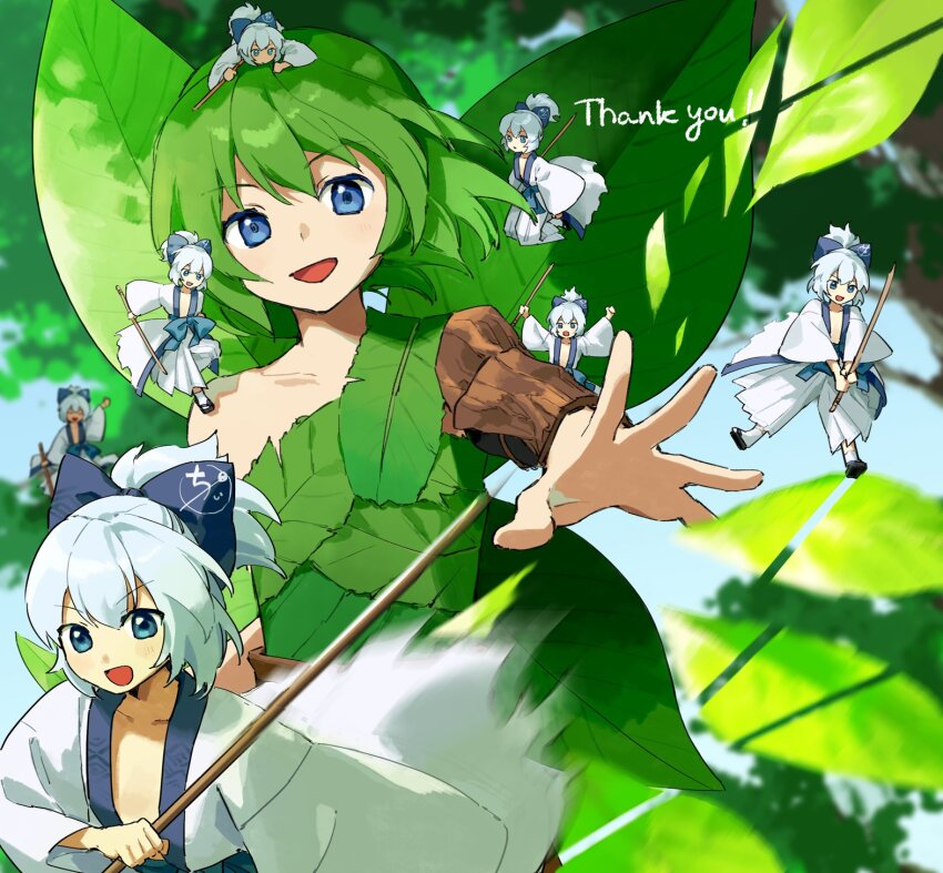 1boy 6+girls black_sandals blue_bow blue_eyes blue_hair bow clone commission cutting hair_bow hakama hakama_pants highres holding holding_sword holding_weapon hollow_song_of_birds japanese_clothes kaigen_1025 kimono leaf leaf_shirt leaf_wings long_sleeves multiple_girls original outstretched_hand pants sandals shirobakama_chii short_hair single_sleeve skeb_commission socks sword toothpick touhou weapon white_kimono white_socks wooden_sword