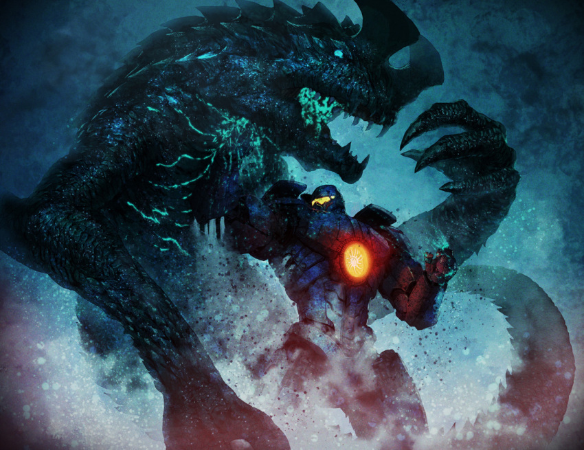 battle bioluminescence blood blue_blood cannon chest_cannon colored_blood directed-energy_weapon dust energy energy_cannon energy_weapon gipsy_danger glowing glowing_blood glowing_eyes glowing_mouth glowing_veins green_blood harvester jaeger_(pacific_rim) kaiju kakotomirai legendary_pictures mecha monster multicolored_blood neon_trim no_humans nuclear_vortex_turbine otachi pacific_rim pan_pacific_defense_corps punching realistic robot science_fiction super_robot veins