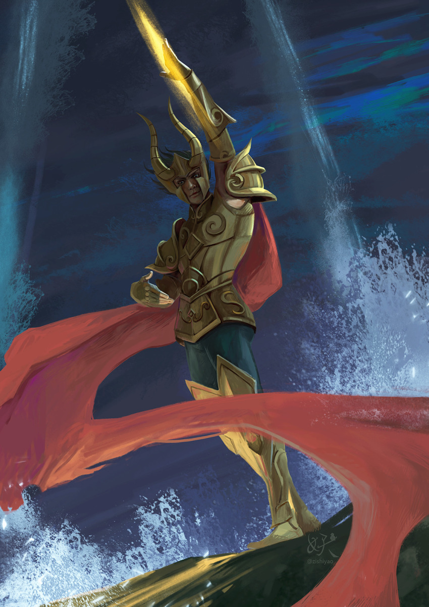 1boy arm_up armor armored_boots black_hair boots cape capricorn_shura fake_horns full_body goat_horns gold_armor gold_cloth gold_saint helmet highres horned_helmet horns light_smile looking_at_viewer male_focus pauldrons red_cape saint_seiya short_hair shoulder_armor solo spiked_hair splashing standing v-shaped_eyebrows water zishiyao