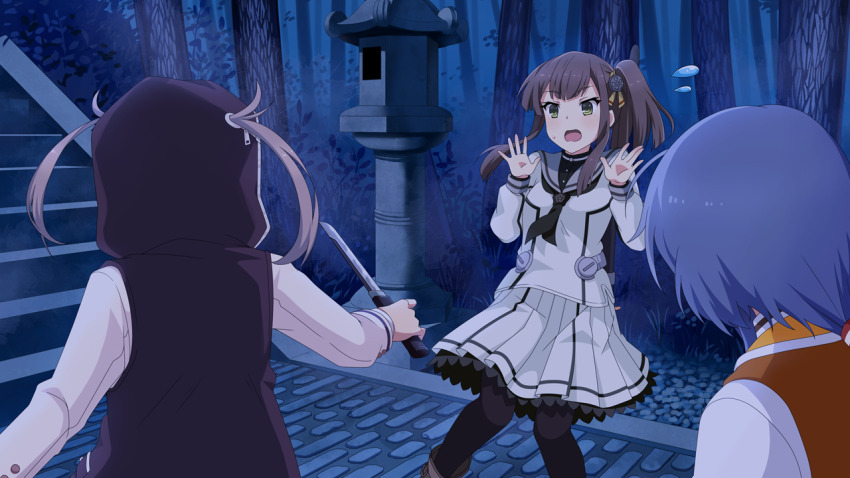 3girls ayanokouji_martial_arts_school_uniform black_neckerchief black_pantyhose blue_hair brown_hair brown_jacket flying_sweatdrops forest game_cg grey_hair grey_jacket grey_sailor_collar hair_ornament hands_up holding holding_sword holding_weapon hood hood_up hooded_jacket jacket katana long_hair long_sleeves looking_at_another multiple_girls nature neckerchief night non-web_source open_mouth orange_jacket osafune_girls_academy_school_uniform outdoors pantyhose pleated_skirt renpu_girls_school_uniform sailor_collar school_uniform setouchi_chie shichinosato_kofuki shirt short_sword side_ponytail skirt stairs standing stone_lantern suzumoto_hana sweat sword tantou toji_no_miko toji_no_miko:_kizamishi_issen_no_tomoshibi weapon white_shirt white_skirt winter_uniform