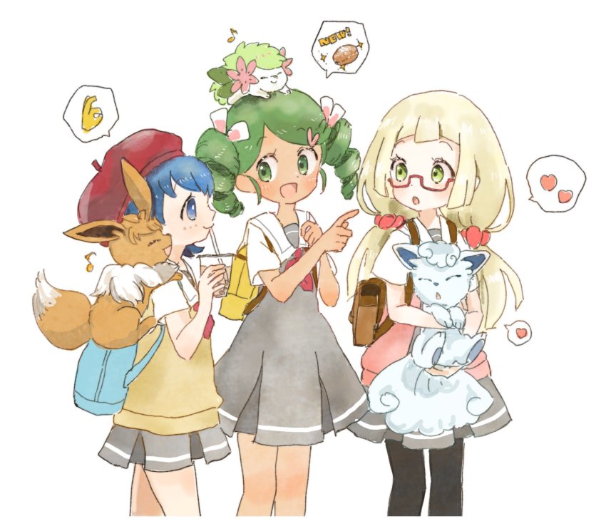 3girls alolan_form alolan_vulpix backpack bag black_legwear blonde_hair blue_eyes blue_hair commentary_request creatures_(company) dark-skinned_female dark_skin dress drinking drinking_straw eevee english_text from_side game_freak gen_1_pokemon gen_4_pokemon gen_7_pokemon glasses green_eyes green_hair heart highres holding holding_pokemon koedo lana_(pokemon) legendary_pokemon lillie_(pokemon) long_hair mallow_(pokemon) multiple_girls mythical_pokemon nintendo ok_sign on_head on_shoulder open_mouth pantyhose pokemon pokemon_(anime) pokemon_(creature) pokemon_on_head pokemon_on_shoulder pokemon_sm113 pokemon_sm_(anime) red-framed_eyewear red_headwear school_uniform shaymin shaymin_(land) short_hair short_sleeves simple_background sparkle spoken_heart trial_captain twintails vulpix white_background