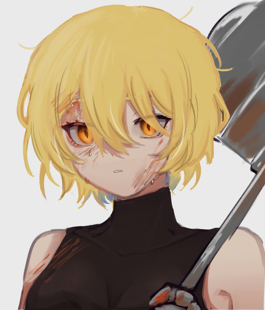 1girl absurdres bare_shoulders black_shirt blonde_hair breasts covered_collarbone don_quixote_(project_moon) empty_eyes hammer highres holding holding_hammer limbus_company looking_at_viewer mesoold parted_lips project_moon shirt sleeveless sleeveless_shirt slit_pupils solo yellow_eyes