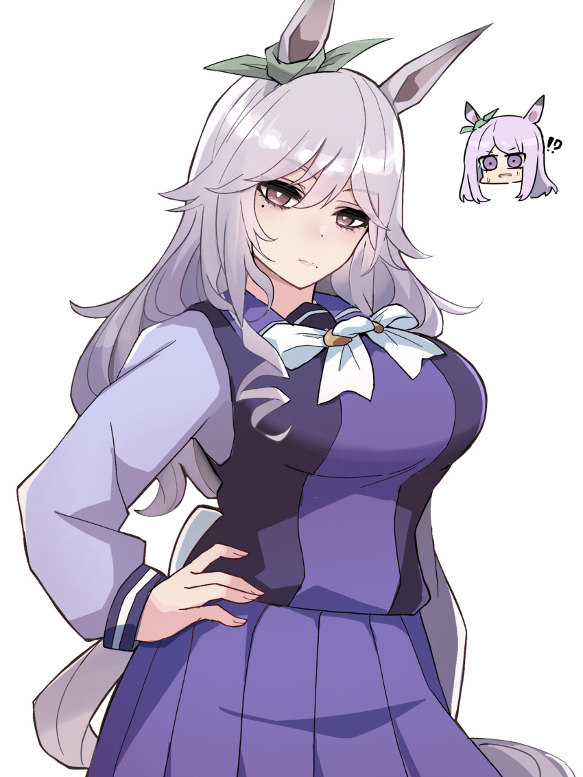 !? 1girl animal_ears asymmetrical_bangs bow bowtie breasts bright_pupils chibi chibi_inset closed_mouth ear_ribbon expressionless grey_hair grey_ribbon hair_between_eyes hand_on_own_hip highres horse_ears horse_girl horse_tail huge_breasts kawamochi_(tddm3573) long_hair long_sleeves looking_at_viewer mejiro_family_matriarch mejiro_mcqueen_(umamusume) mole mole_under_eye mole_under_mouth parted_bangs pleated_skirt purple_sailor_collar purple_shirt purple_skirt red_eyes sailor_collar school_uniform shirt shirt_tucked_in skirt solo tail tracen_school_uniform umamusume very_long_hair white_background white_bow white_bowtie white_pupils