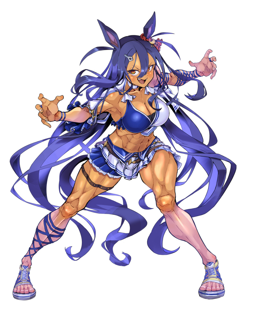 1girl animal_ears bare_shoulders black_hair blue_shirt breasts character_name cleavage commentary_request dark-skinned_female dark_skin ear_ornament full_body hair_between_eyes hair_ornament hairclip highres hishi_amazon_(umamusume) horse_ears horse_girl horse_tail knees_together_feet_apart large_breasts long_hair open_mouth red_eyes sandals shirt simple_background skirt smile solo tail take_nii thigh_strap two-tone_background two-tone_shirt umamusume white_background white_shirt white_skirt