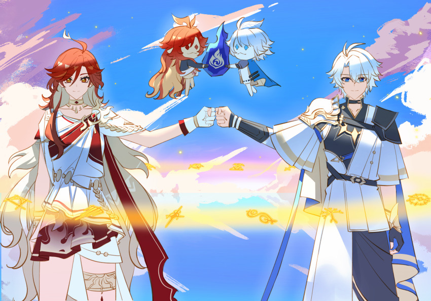 1boy 1girl abstract_background ahoge alternate_costume ancient_greek_clothes antenna_hair arm_up armor black_choker blue_eyes blue_sky bracelet chinese_commentary choker clenched_hand closed_mouth cloud cloudy_sky collarbone dumenchaozong fist_bump friends genshin_impact glowing greco-roman_clothes hair_between_eyes highres honkai:_star_rail honkai_(series) huge_ahoge in-franchise_crossover jewelry light_smile long_hair looking_at_viewer mavuika_(genshin_impact) mihoyo multicolored_hair necklace outdoors pants phainon_(honkai:_star_rail) red_eyes red_hair short_hair short_sleeves shoulder_armor sky standing streaked_hair thighlet thighs two-tone_hair upper_body wavy_hair white_hair