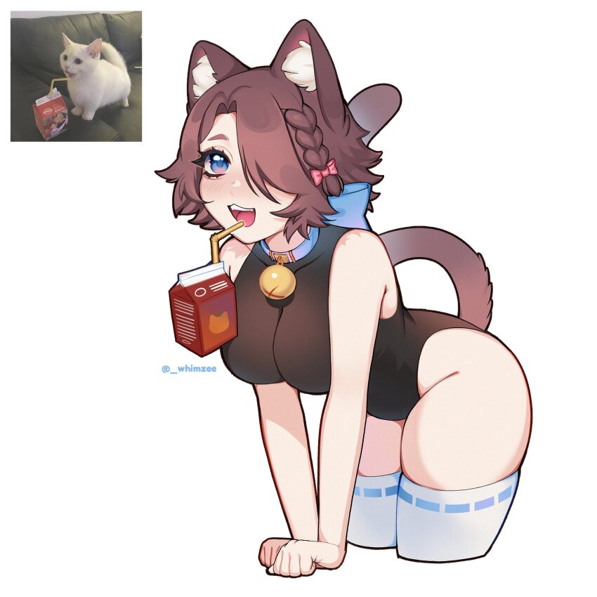 1girl animal_collar animal_ear_fluff animal_ears bare_shoulders bent_over blue_bow blue_eyes bow breasts brown_hair carton cat_ears cat_girl cat_tail collar creature_and_personification hair_bow hair_over_one_eye highres large_breasts looking_to_the_side original personification photo_inset pink_bow reference_inset tail tail_bow tail_ornament tail_raised thighhighs whimzee