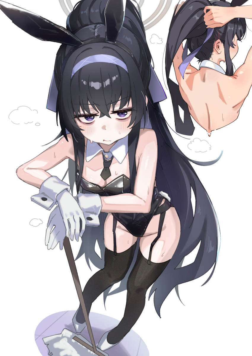 1girl absurdres animal_ear_hairband animal_ears black_garter_straps black_hair black_hairband black_leotard black_necktie black_thighhighs blue_archive blush breasts cleavage closed_mouth crossed_bangs detached_collar fake_animal_ears fake_tail from_behind garter_straps gloves hair_between_eyes hair_ribbon hairband highres holding holding_mop kilabo leotard long_hair looking_at_viewer mop necktie purple_eyes purple_hairband purple_ribbon rabbit_ear_hairband rabbit_ears rabbit_tail ribbon shoes sidelocks small_breasts solo strapless strapless_leotard sweatdrop tail thighhighs tying_hair ui_(blue_archive) white_gloves white_shoes wrist_cuffs
