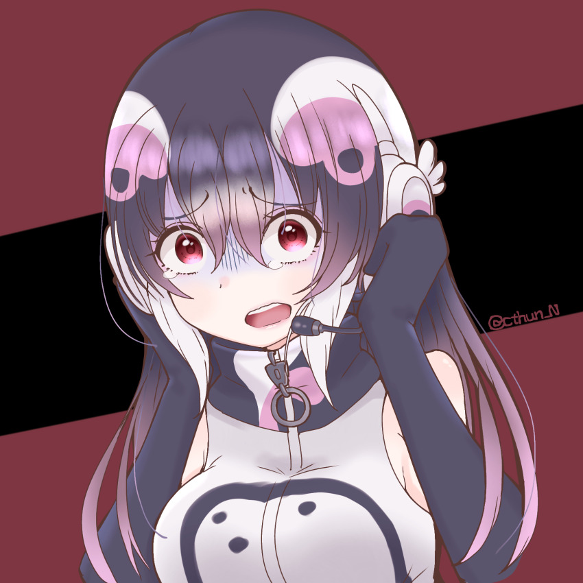 1girl african_penguin_(kemono_friends) black_hair cthun_n elbow_gloves gloves highres kemono_friends kemono_friends_v_project long_hair microphone penguin_girl red_eyes simple_background solo straight_hair upper_body virtual_youtuber