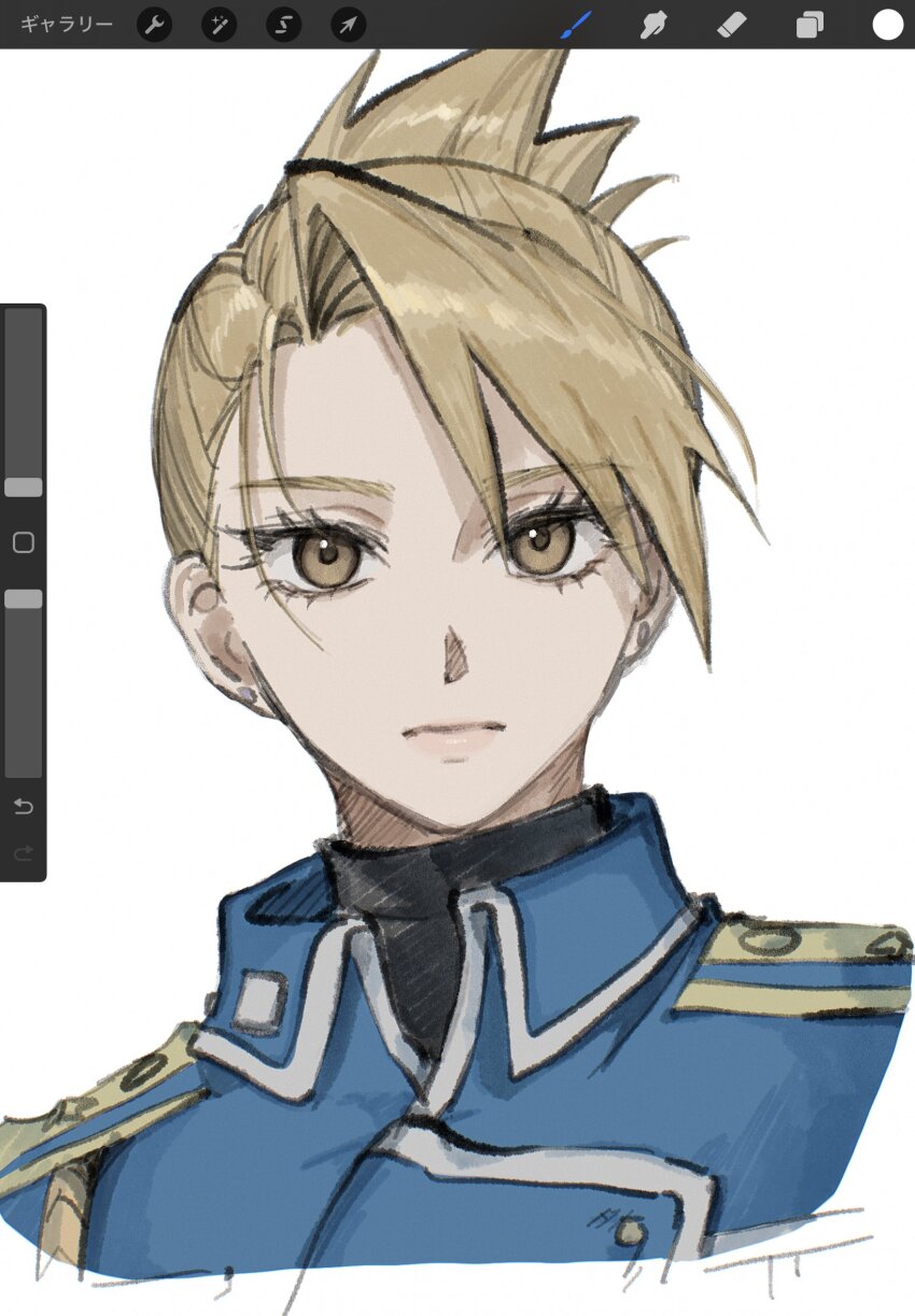 amestris_military_uniform blonde_hair earrings eyelashes folded_ponytail fullmetal_alchemist highres jacket jewelry lips military military_jacket military_uniform ozaki_(tsukiko3) riza_hawkeye stud_earrings updo yellow_eyes