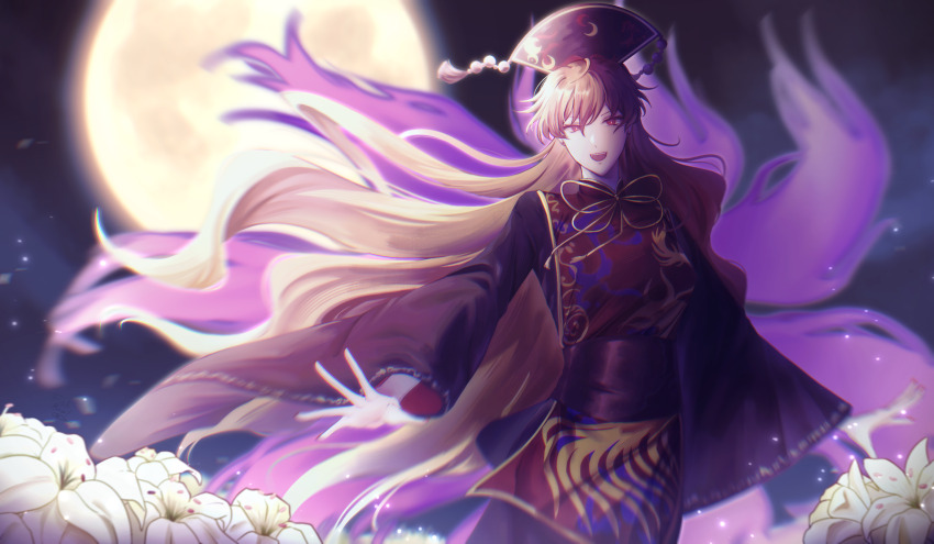 1girl belt black_belt black_dress black_hat black_sky blonde_hair chinese_clothes cowboy_shot crescent crescent_print dalachi_(headdress) dress energy field fishbowl_meguri floating_hair flower flower_field full_moon hair_between_eyes hat highres junko_(touhou) lily_(flower) long_hair long_sleeves looking_at_viewer mandarin_collar moon neck_ribbon night night_sky open_mouth outdoors phoenix_print pom_pom_(clothes) red_eyes red_tabard ribbon sky smile solo standing tabard tassel touhou wavy_hair white_flower wide_sleeves yellow_ribbon