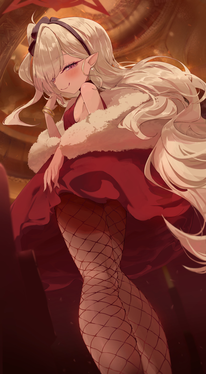 1girl absurdres bare_arms bare_shoulders black_hairband blue_archive closed_mouth dress fishnet_pantyhose fishnets fur_shawl hair_over_one_eye hairband highres long_hair looking_at_viewer mutsuki_(blue_archive) mutsuki_(dress)_(blue_archive) nekoplanetouo official_alternate_costume official_alternate_hairstyle pantyhose pointy_ears purple_eyes red_dress shawl sidelocks sleeveless sleeveless_dress smile solo white_hair