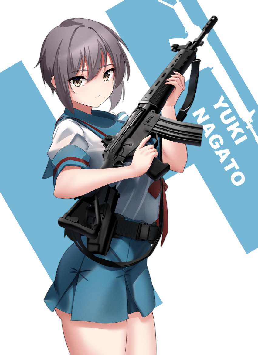 1girl absurdres assault_rifle blue_skirt brown_eyes character_name expressionless grey_hair gun h_(letter) handgun highres holding holding_gun holding_weapon howa_type_89 kita_high_school_uniform looking_at_viewer nagato_yuki rifle rynn_(rynn_cube) school_uniform shirt short_hair sig_p220/p226 sig_sauer skirt solo summer_uniform suzumiya_haruhi_no_yuuutsu thighs trigger_discipline weapon white_background white_shirt