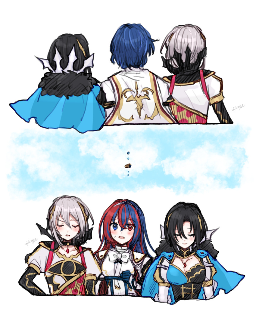 2boys 2girls absurdres black_hair blue_eyes blue_hair blush cape capelet cleavage_cutout closed_eyes closed_mouth clothing_cutout female_alear_(fire_emblem) fire_emblem fire_emblem_engage fur_trim gloves heterochromia highres jewelry long_hair long_sleeves male_alear_(divine_dragon)_(fire_emblem) male_alear_(fire_emblem) misato_hao multicolored_hair multiple_boys multiple_girls necklace nel_(fire_emblem) nil_(fire_emblem) nintendo open_mouth rafal_(fire_emblem) red_eyes red_hair ribbon short_hair two-tone_hair white_hair