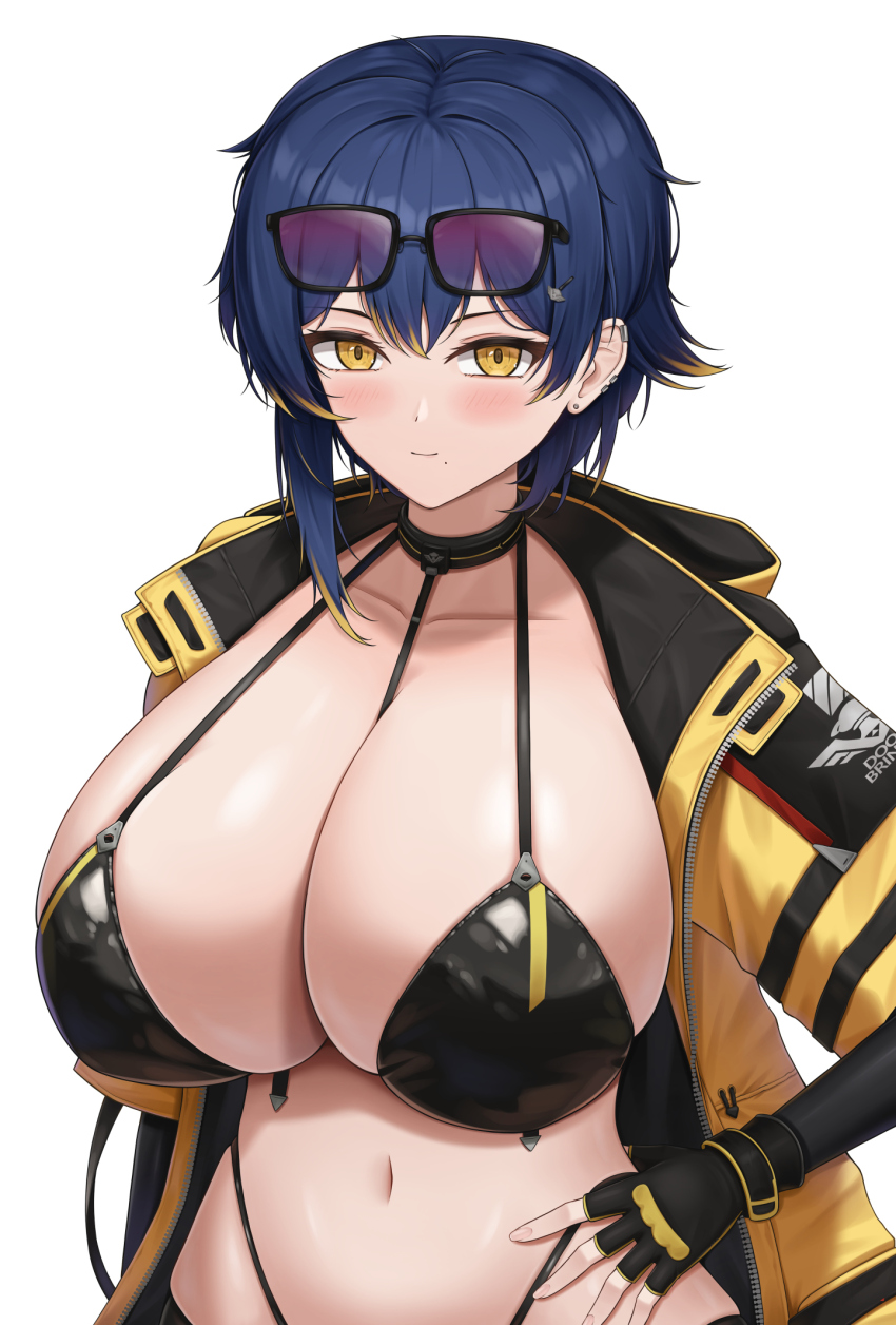 black_bra black_gloves blue_hair blush bra breasts cleavage closed_mouth coat collarbone commentary ear_piercing eyewear_on_head fingerless_gloves gloves hair_between_eyes hand_on_own_hip highres huge_breasts large_breasts last_origin lazb. light_smile long_sleeves looking_at_viewer medium_hair navel piercing simple_background smile standing sterling_(last_origin) sunglasses underwear white_background yellow_coat yellow_eyes