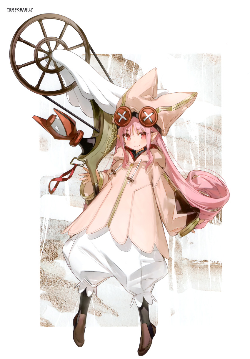 1girl absurdres baggy_pants blush boots brown_boots brown_coat chocoan coat comiket_99 drawstring fate/grand_order fate_(series) habetrot_(fate) hat highres holding holding_staff hood hood_down hooded_coat hoodie long_hair looking_at_viewer pants pink_eyes pink_hair pointy_ears scan simple_background smile solo spinning_wheel staff white_background
