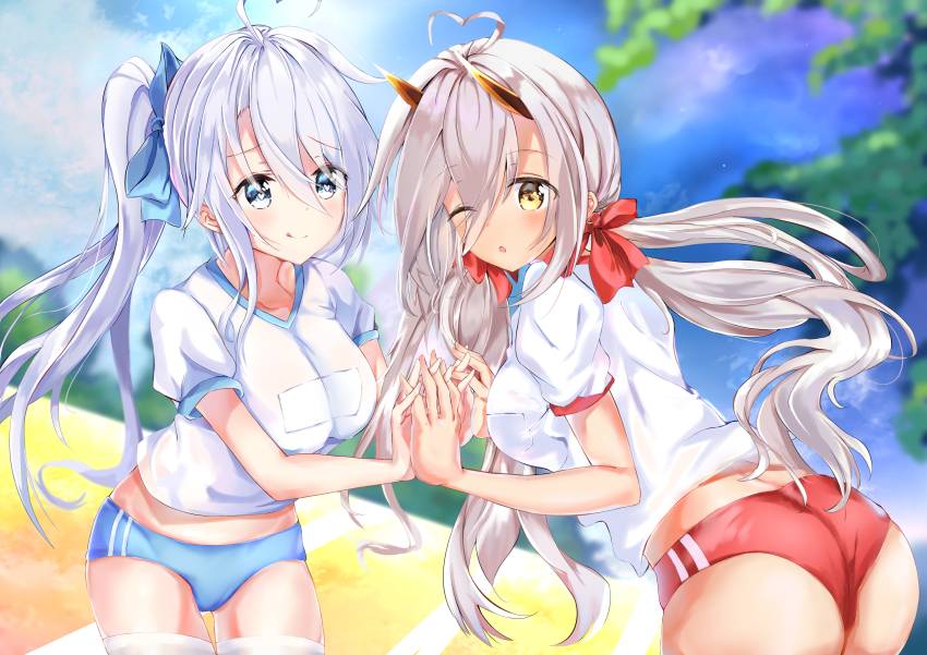 2girls :q absurdres ahoge alternate_costume ass azur_lane blue_bow blue_buruma blue_eyes blurry blurry_background blush bow breasts buruma closed_eyes closed_mouth commentary_request cowboy_shot dark-skinned_female dark_skin eyes_visible_through_hair gym_uniform hair_between_eyes hair_bow heart heart-shaped_pupils heart_ahoge highres holding_hands horns indianapolis_(azur_lane) large_breasts long_hair looking_at_viewer maddo_(gasser_0518) mechanical_horns multiple_girls open_mouth portland_(azur_lane) red_bow red_buruma shirt siblings side_ponytail sisters smile symbol-shaped_pupils thighhighs tongue tongue_out twintails upper_body very_long_hair white_shirt white_thighhighs yellow_eyes