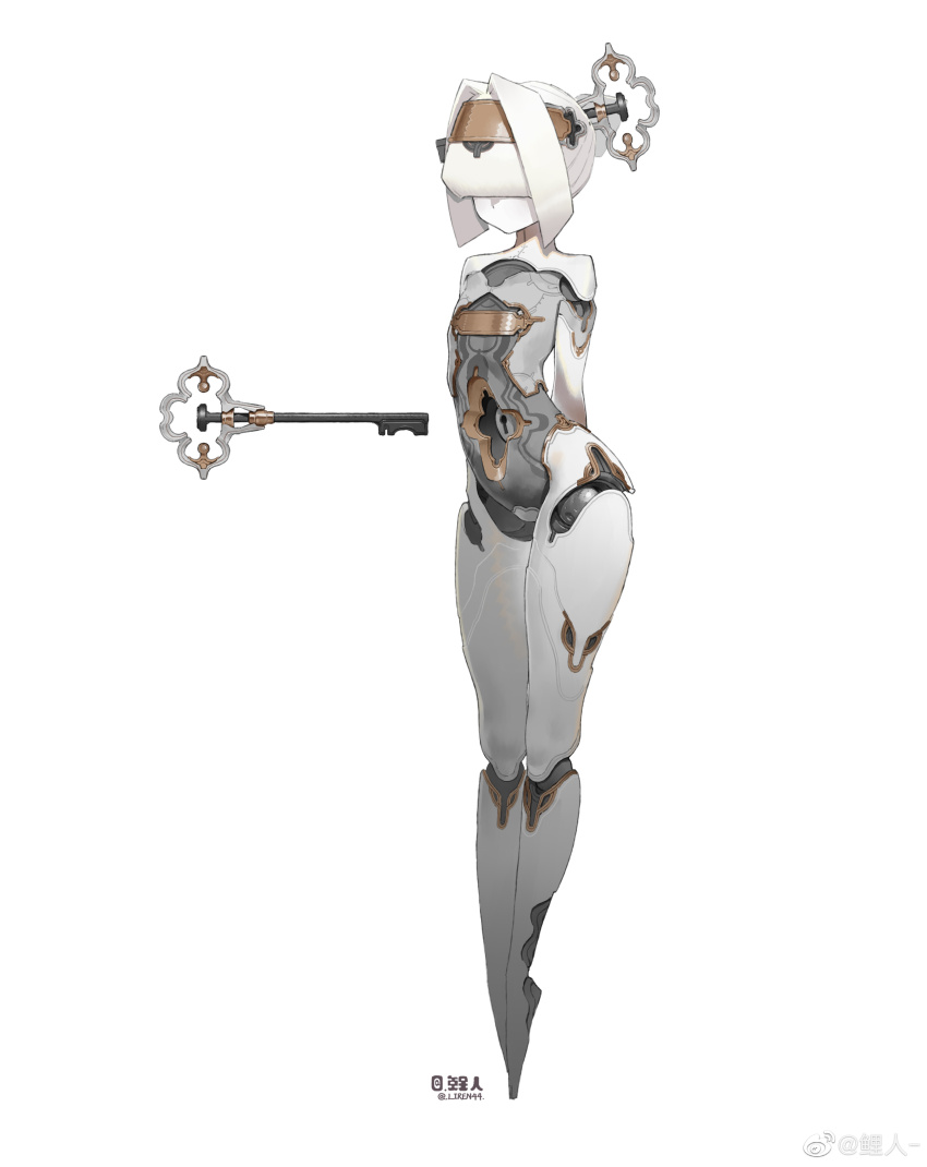 1girl absurdres arms_behind_back check_commentary commentary_request flat_chest full_body hair_intakes head-mounted_display highres joints key liren44 lock no_feet no_mouth original robot robot_girl robot_joints science_fiction signature solo watermark weibo_watermark white_background white_hair winding_key