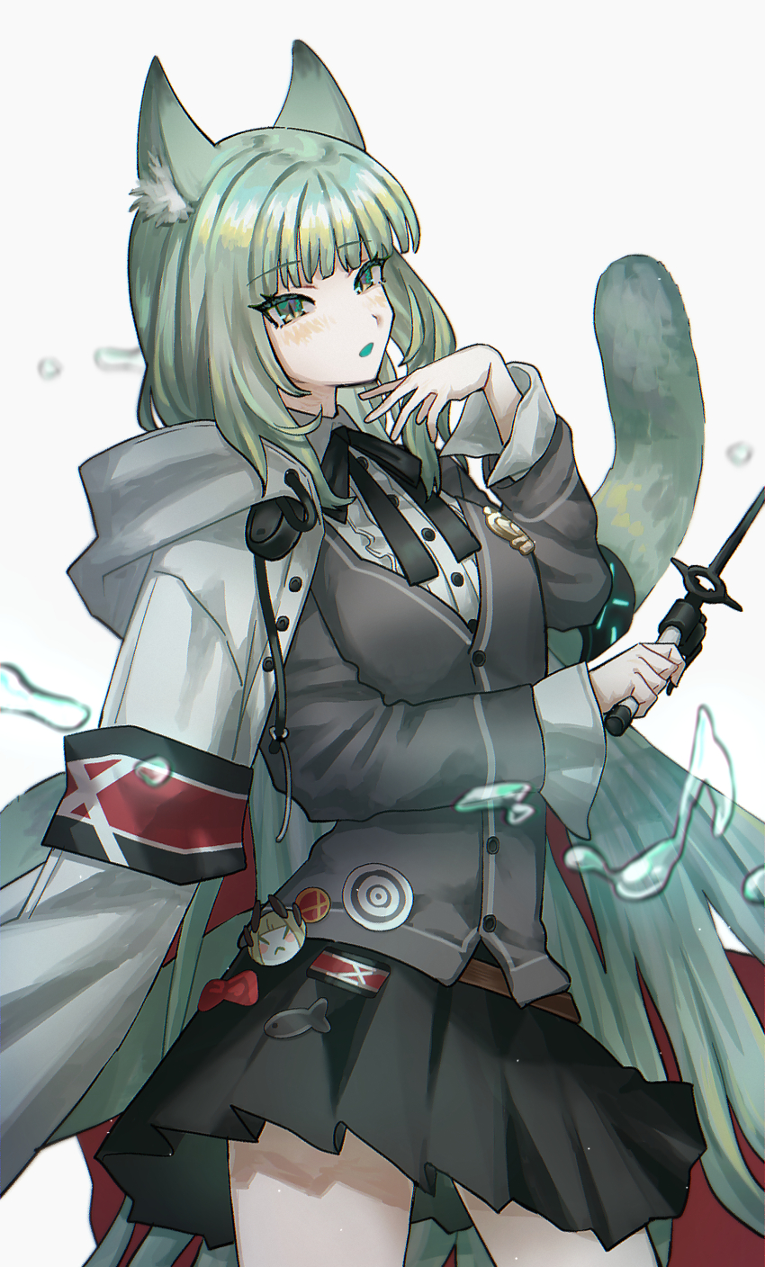1girl absurdres animal_ear_fluff animal_ears arknights auy0_(nemuru) black_skirt buttons cardigan coat coat_on_shoulders colored_mouth commentary cowboy_shot eighth_note green_eyes green_hair green_tail grey_background grey_cardigan grey_coat hand_up harmonie_(arknights) highres holding hood hood_down hooded_coat hydrokinesis infection_monitor_(arknights) long_hair long_sleeves musical_note open_mouth red_coat simple_background skirt solo standing tail tail_raised two-sided_coat two-sided_fabric very_long_hair water