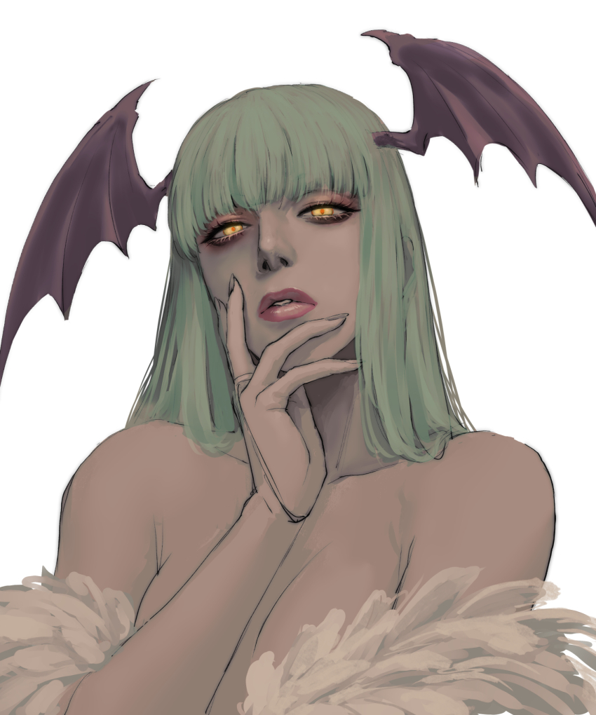 1girl bare_shoulders bat_wings blunt_bangs breasts commentary darkstalkers demon_girl fujii_eishun green_hair head_wings highres long_hair morrigan_aensland parted_lips simple_background solo white_background wings yellow_eyes