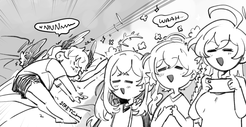 4girls ahoge azusa_(blue_archive) blue_archive braid cellphone closed_eyes english_text greyscale halo hanako_(blue_archive) head_wings hifumi_(blue_archive) highres holding holding_phone kinzaibatsu91 koharu_(blue_archive) long_hair lying monochrome multiple_girls on_side open_mouth phone shirt shorts single_braid sleeping smartphone smile speech_bubble stretching twintails wings zzz