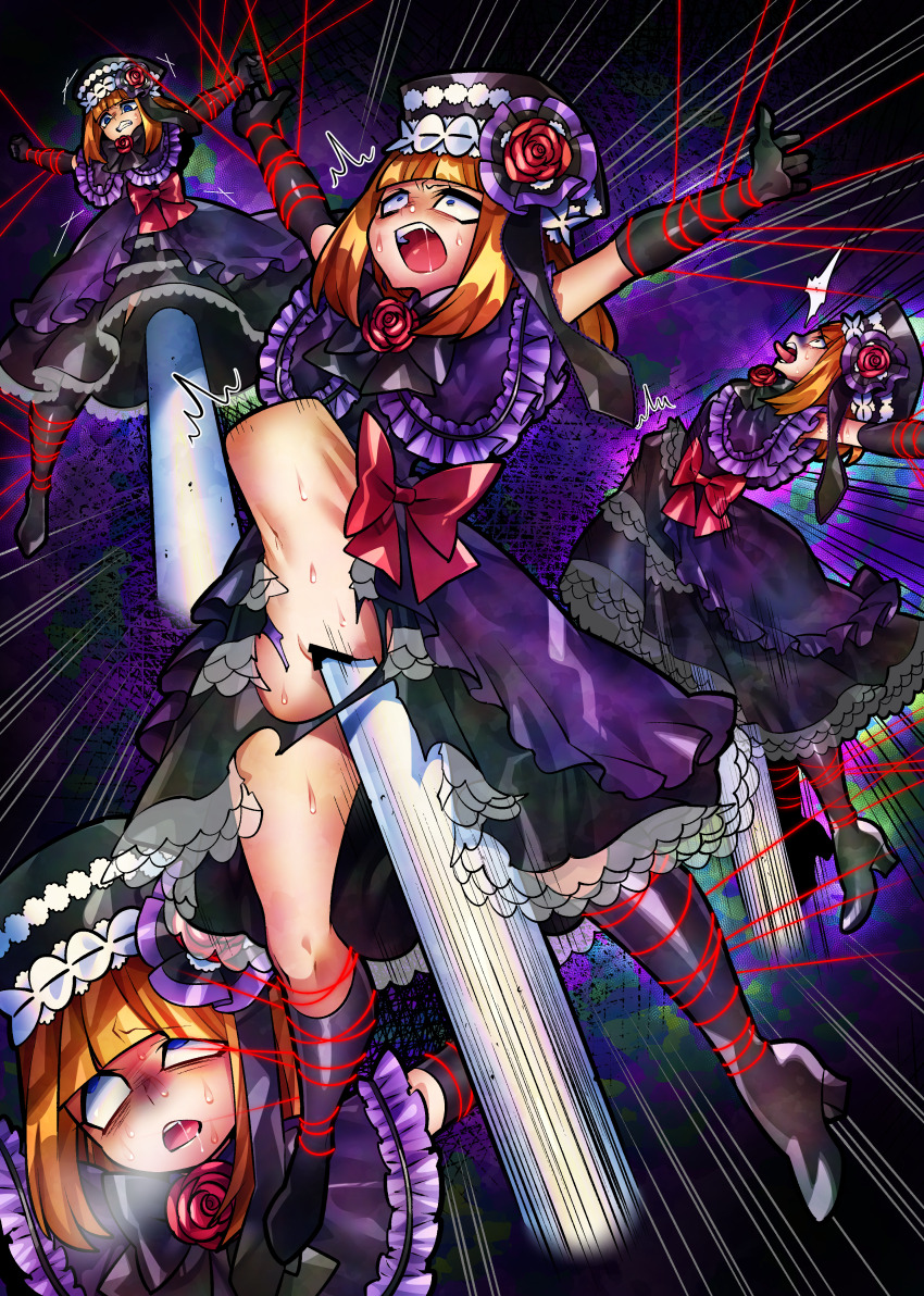 1girl ^^^ absurdres bar_censor black_bow black_footwear blue_eyes blunt_bangs boots bound bound_arms bound_legs bow breaking breath broken brown_hair captured censored commission dress elbow_gloves eva_beatrice flower forced frilled_dress frilled_skirt frills gloves gothic_lolita hat held_up high_heels highres knee_boots large_insertion lolita_fashion medium_hair motion_lines multiple_views navel nervous_sweating no_panties object_insertion open_mouth pain pole purple_background purple_dress pussy pussy_torture red_bow restrained ripping rose saliva screaming senmu_(0107) sequential skeb_commission skirt speed_lines spread_legs stomach_bulge struggling sweat teeth thread tongue tongue_out torn_clothes torn_dress torture umineko_no_naku_koro_ni unconscious uneven_eyes ushiromiya_eva vaginal vaginal_object_insertion