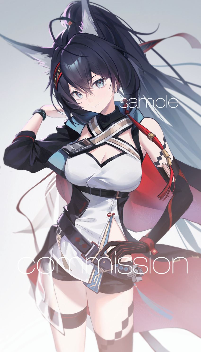 1girl absurdres animal_ear_fluff animal_ears arknights black_gloves black_hair black_jacket black_shorts blaze_(arknights) blue_eyes cat_ears cat_tail closed_mouth commission elbow_gloves gloves hair_between_eyes hand_on_own_hip highres jacket long_hair looking_at_viewer ponytail shorts sidelocks single_elbow_glove smile solo tail thigh_strap xianyusixu