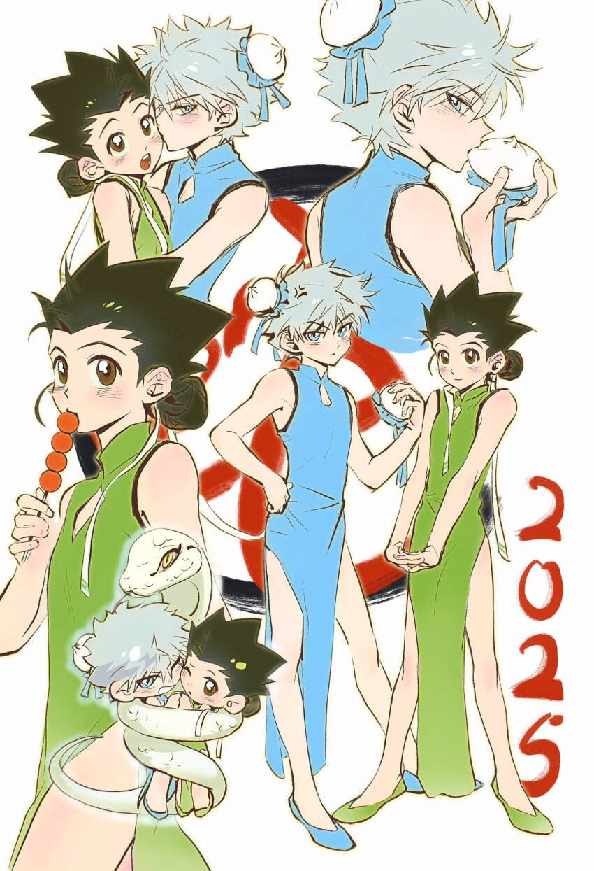 2025 2boys :o anger_vein black_hair blue_dress blue_eyes blush brown_eyes china_dress chinese_clothes chinese_zodiac crossdressing dango dress eating food full_body gelb gon_freecss green_dress grey_hair hand_on_own_hip highres holding holding_food hunter_x_hunter interlocked_fingers killua_zoldyck looking_at_viewer mitarashi_dango multiple_boys multiple_views own_hands_together side_slit simple_background snake steamed_bun thighs wagashi white_background yaoi year_of_the_snake