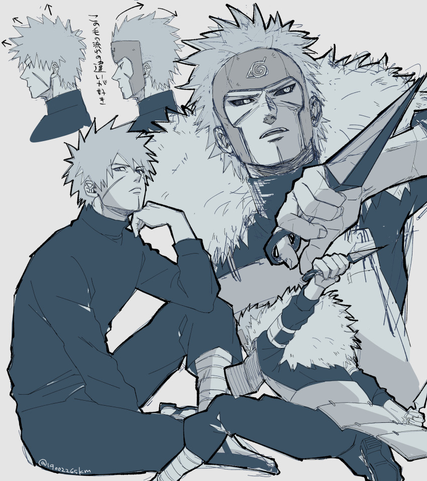 1boy black_sclera closed_mouth colored_sclera commentary_request highres holding_kunai holding_weapon kemu_(19002265km) knee_up kunai long_sleeves male_focus monochrome multiple_views naruto_(series) open_mouth scar scar_on_face senju_tobirama short_hair simple_background spiked_hair sweater translation_request twitter_username