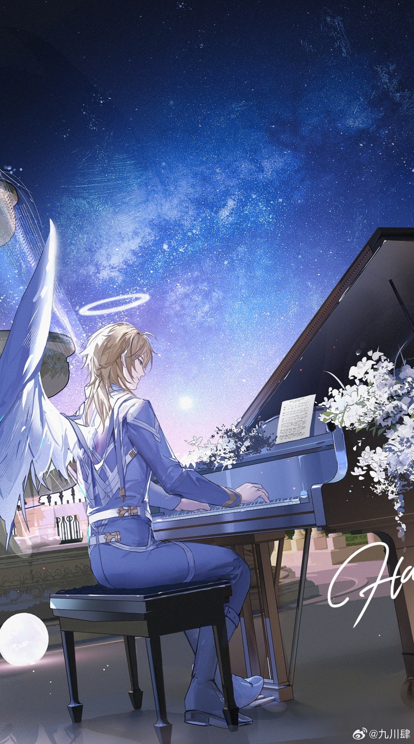 1boy absurdres alkaid_mcgrath angel angel_wings belt blonde_hair blue_pants blue_shirt boots chinese_commentary closed_mouth feathered_wings flower fountain from_side full_body grand_piano green_eyes hair_between_eyes halo highres instrument jiuchuansi light_particles long_sleeves looking_down lovebrush_chronicles male_focus medium_hair moon music night night_sky orb outdoors pants piano piano_bench plant playing_instrument playing_piano profile sheet_music shirt shoulder_strap sitting sky smile solo star_(sky) starry_sky thigh_strap traditional_halo watermark weibo_watermark white_belt white_boots white_flower white_wings wings