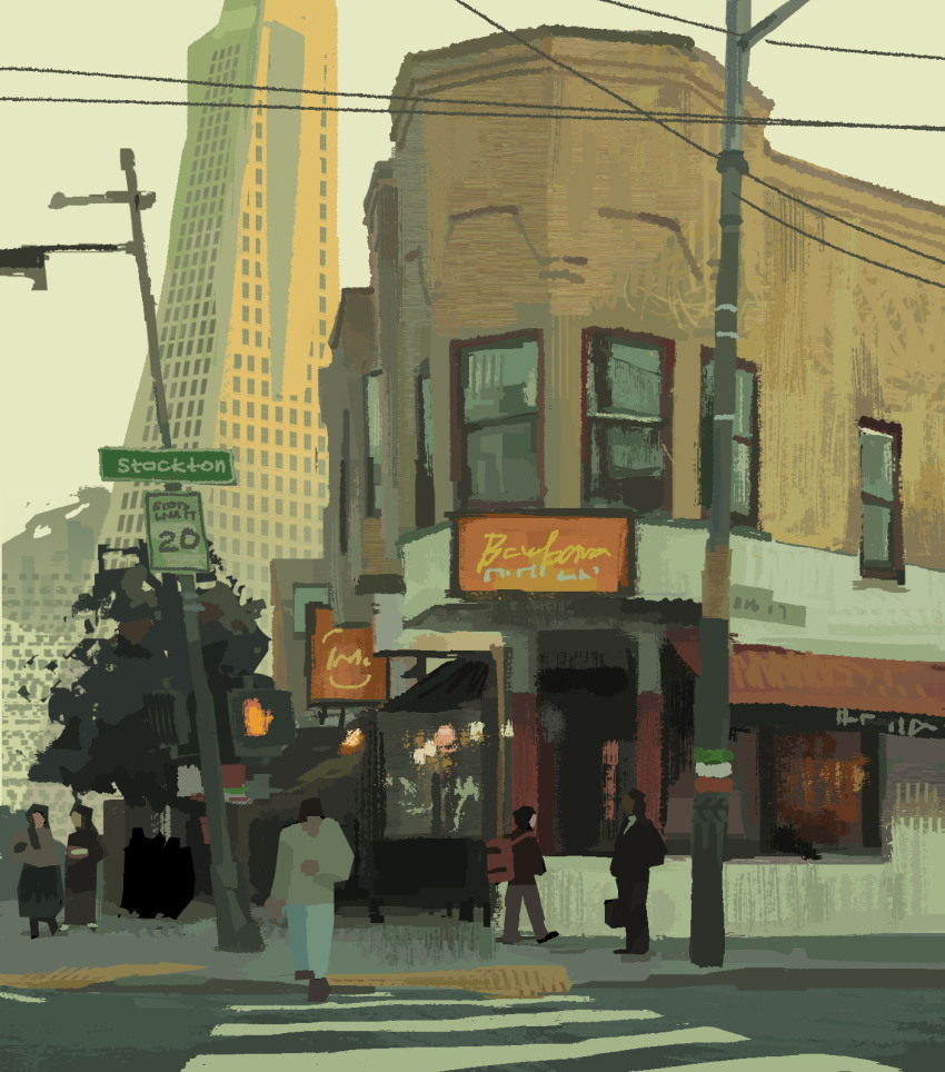5others backpack bag black_hair blue_skirt brown_hair building city crosswalk denim faceless fruiitlins highres jeans lamppost long_hair medium_hair multiple_others original pants pedestrian_lights restaurant road road_sign san_francisco scenery shirt sign skirt t-shirt transamerica_pyramid tree walking window window_shopping