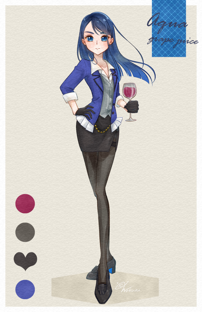 1girl black_gloves black_pantyhose black_shoes black_skirt blue_eyes blue_hair blue_jacket blush closed_mouth cup dress_shirt drinking_glass english_text gloves grape_juice grey_shirt high_heels holding holding_cup jacket juice long_hair long_sleeves minazuki_karen open_clothes open_jacket pantyhose precure shirt shoes signature skirt solo wakuno_lemon white_shirt wine_glass yes!_precure_5 yes!_precure_5_gogo!