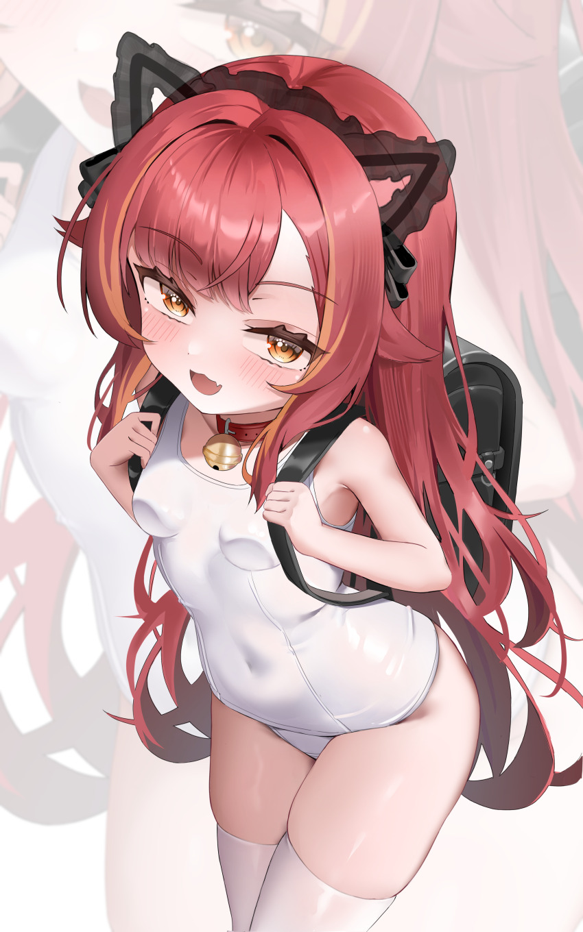 1girl :3 :d absurdres animal_ears backpack bag bell black_bag blush breasts cat_ears commentary_request covered_navel fake_animal_ears fang hair_intakes highres j.j_(66752902) jingle_bell long_hair looking_at_viewer multicolored_hair nekota_tsuna old_school_swimsuit one-piece_swimsuit open_mouth orange_eyes orange_hair paw_in_eye randoseru red_hair school_swimsuit sidelocks skin_fang small_breasts smile solo streaked_hair swimsuit thighhighs thighs virtual_youtuber vspo! white_one-piece_swimsuit white_thighhighs zoom_layer