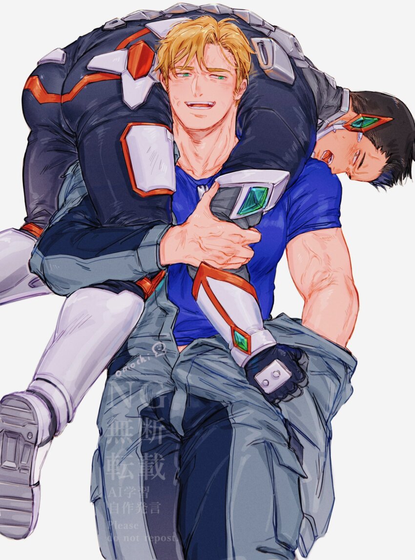 2boys ao_isami artist_name ass bara black_hair blonde_hair blue_shirt bodysuit carrying carrying_over_shoulder carrying_person commentary green_eyes highres jumpsuit lewis_smith male_focus mecha_pilot_suit multiple_boys omochinosu shirt short_hair simple_background symbol-only_commentary twitter_username watermark white_background yuuki_bakuhatsu_bang_bravern