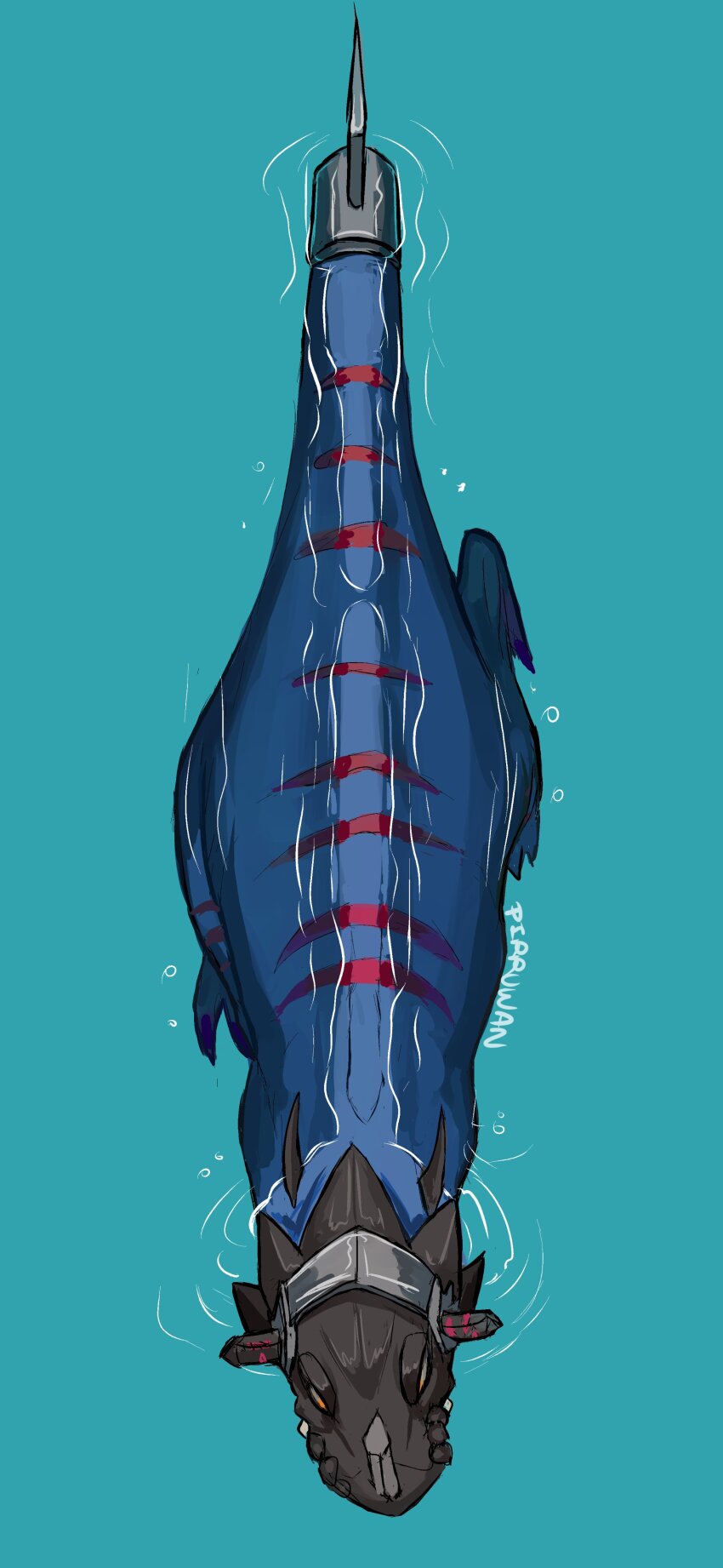 absurdres artist_name blue_background blue_scales digimon digimon_(creature) from_above full_body greymon_(xros_wars) helmet highres horns partially_submerged pirruwan simple_background solo spiked_tail tail water yellow_eyes