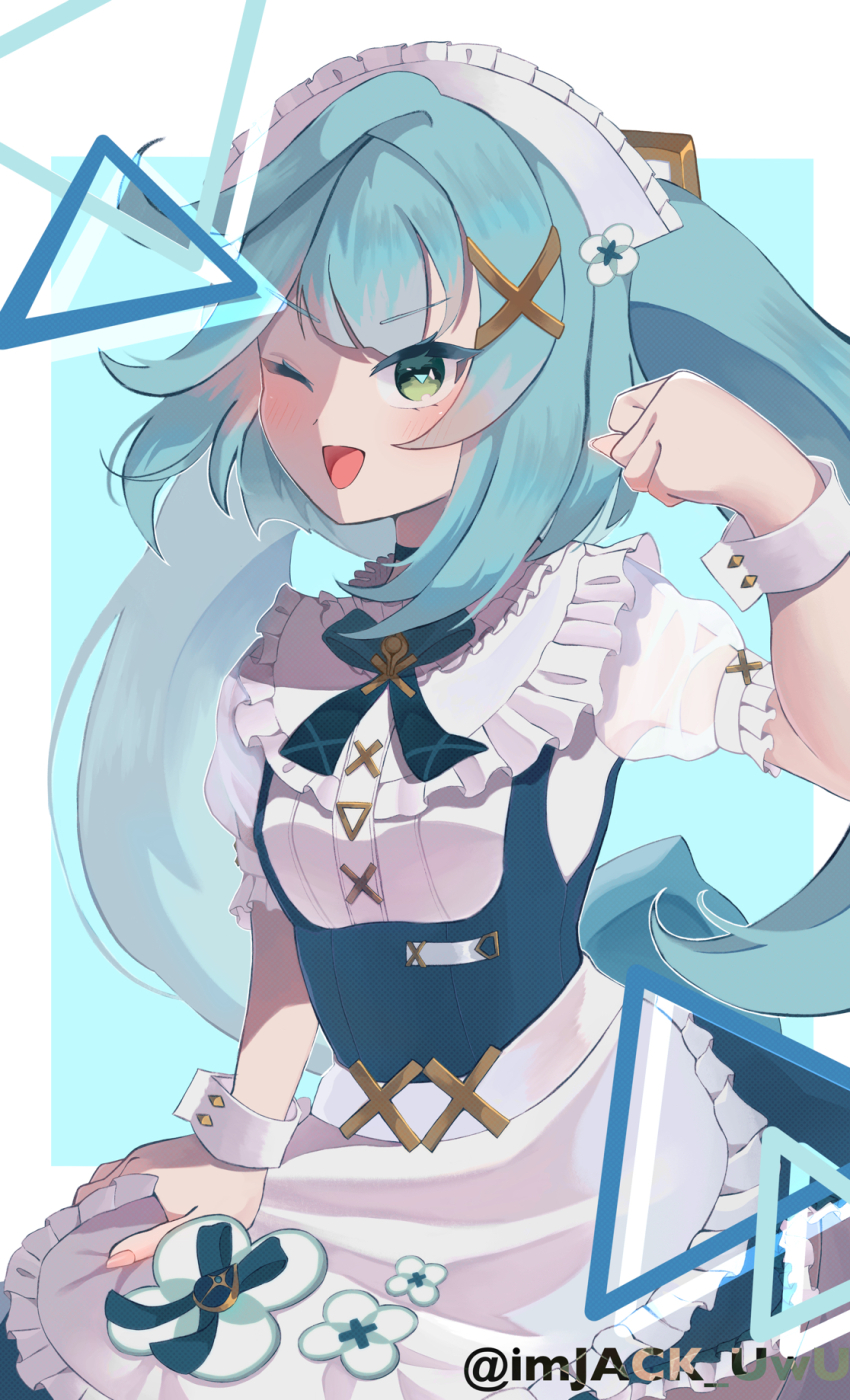 1girl ;d alternate_costume apron aqua_hair blue_dress blush commentary_request dress enmaided faruzan_(genshin_cafe_in_seoul)_(genshin_impact) faruzan_(genshin_impact) fingernails frilled_apron frills genshin_impact green_eyes hair_ornament hand_up highres j4ck long_hair maid maid_headdress official_alternate_costume one_eye_closed open_mouth puffy_short_sleeves puffy_sleeves see-through_clothes see-through_sleeves short_sleeves skirt_hold smile solo symbol-shaped_pupils triangle-shaped_pupils twintails twitter_username very_long_hair waist_apron white_apron white_sleeve_cuffs x_hair_ornament