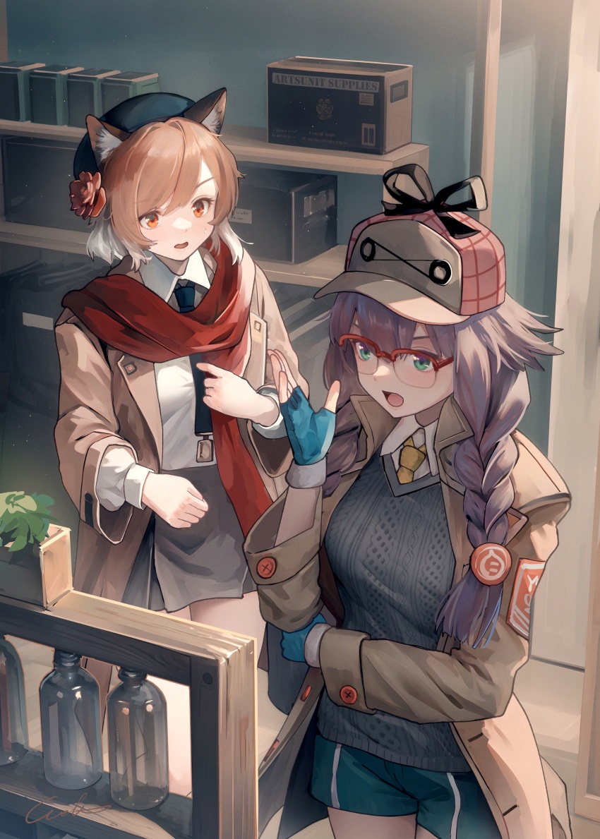 2girls absurdres animal_ear_fluff animal_ears arknights beret black_headwear black_necktie blue_gloves blue_shorts breasts brown_hair brown_jacket collared_shirt commentary_request deerstalker fingerless_gloves glasses gloves green_eyes grey_hair grey_skirt hair_between_eyes hand_up hat highres indoors jacket long_hair long_sleeves low_twintails may_(arknights) may_(elite_ii)_(arknights) medium_breasts mousse_(arknights) multicolored_hair multiple_girls necktie open_clothes open_jacket open_mouth over-rim_eyewear pink_headwear puffy_long_sleeves puffy_sleeves red-framed_eyewear red_eyes red_scarf scarf semi-rimless_eyewear shelf shirt shorts signature skirt standing sweater_vest twintails two-tone_hair welt_(kinsei_koutenkyoku) white_hair white_shirt yellow_necktie