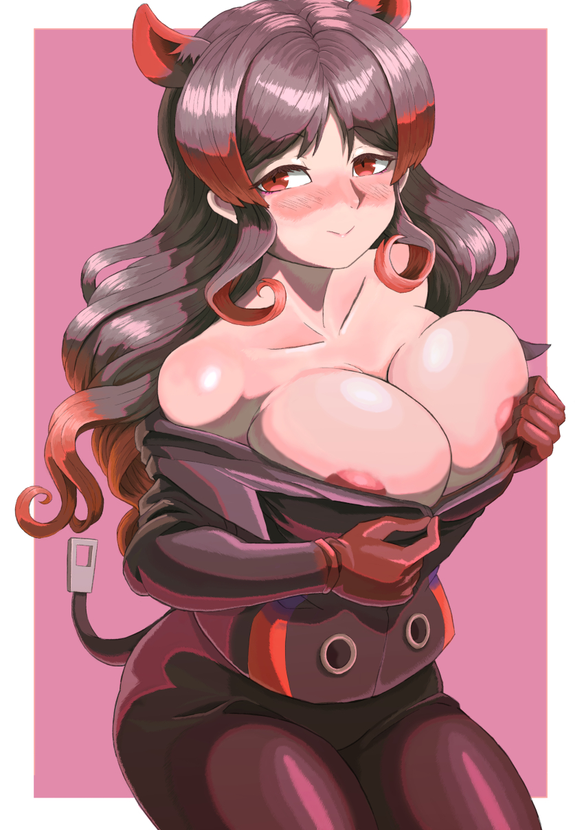 1girl absurdres areola_slip black_hair blush border breasts ciapolilla closed_mouth cowboy_shot curly_hair fake_tail gloves hair_ears hands_up highres hippopotamus_(kemono_friends) jacket kemono_friends large_breasts long_hair long_sleeves looking_at_viewer multicolored_hair no_bra nose_blush outside_border pants parted_bangs red_eyes red_hair smile solo tail three_quarter_view two-tone_hair unaligned_breasts undressing unzipping white_border zipper zipper_pull_tab