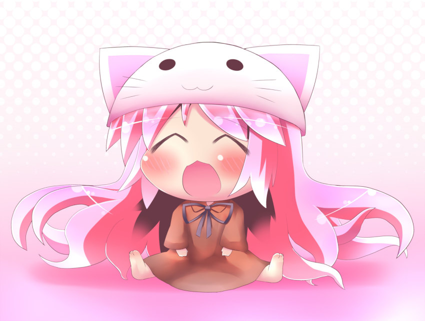 1girl animal_hat bad_id bad_pixiv_id cat_hat chibi closed_eyes dress female_focus hat highres long_hair megurine_luka megurine_luka_(toeto) no_nose oneb_(daidokoro) open_mouth pink_hair ribbon sitting solo toeto_(vocaloid) vocaloid
