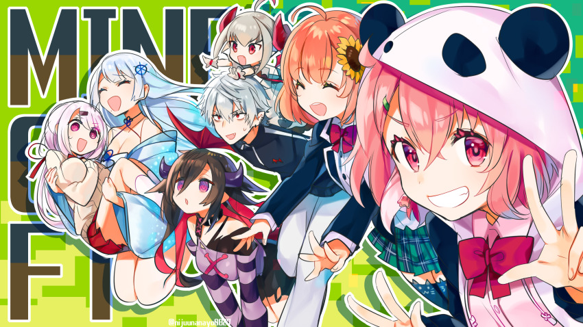 1boy 6+girls :d @_@ ^_^ ahoge animal_ear_legwear animal_ears animal_hood background_request black_hair black_jacket black_thighhighs blazer breasts brown_cardigan cardigan carrying cat_ear_legwear chibi cleavage closed_eyes collared_shirt demon_girl demon_horns demon_wings double_w drawstring dress_shirt earrings fake_animal_ears fang flower gloves green_background green_skirt grey_gloves grey_hair grey_pants grin hair_between_eyes hair_flower hair_ornament hairclip hand_up highres honma_himawari honma_himawari_(1st_costume) hood hood_up hooded_jacket horns jacket jewelry kuzuha_(1st_costume)_(nijisanji) kuzuha_(nijisanji) large_breasts long_hair long_sleeves low_ponytail makaino_ririmu makaino_ririmu_(1st_costume) multicolored_hair multiple_girls nijisanji ninahachi on_head open_clothes open_jacket open_mouth orange_hair outline panda_ears panda_hood pants pink_hair pink_shirt plaid_clothes plaid_skirt pleated_skirt ponytail princess_carry purple_eyes red_eyes red_hair red_skirt red_wings sasaki_saku sasaki_saku_(1st_costume) school_uniform setsuna_(nijisanji) shiina_yuika shiina_yuika_(1st_costume) shirt skirt smile socks streaked_hair striped_clothes striped_shirt sunflower sunflower_hair_ornament thighhighs track_jacket two-tone_hair very_long_hair virtual_youtuber w white_hair white_outline white_shirt white_socks wings yamiyono_moruru yellow_flower