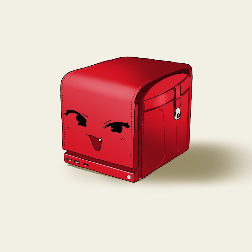 :3 :d backpack bag commentary computer cube english_commentary fang game_console highres looking_at_viewer mesugaki no_humans object_focus open_mouth orenjipiiru push-button randoseru red_bag shirt simple_background smile steam_(platform) steam_machine usb usb_port_(object) valve_corporation white_background