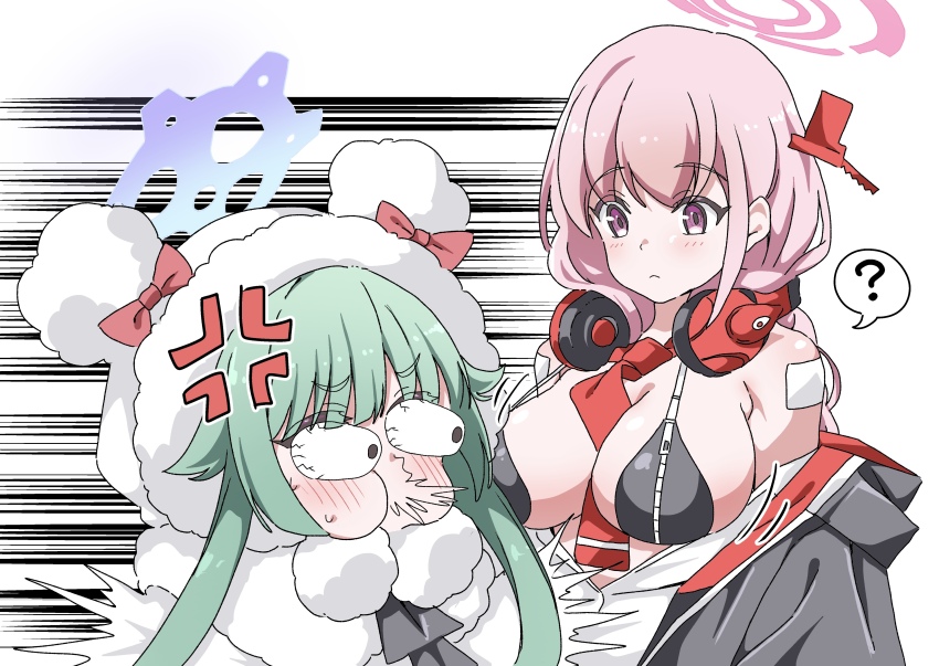 2girls ? absurdres anger_vein animal_hood bear_hood bikini black_bikini blue_archive blue_halo breast_zipper breasts coat eimi_(blue_archive) fujiwara_tatsuroo fur-trimmed_hood fur_trim green_hair halo headphones headphones_around_neck highres hood hood_up hooded_coat large_breasts long_hair momiji_(blue_archive) multiple_girls pink_hair pink_halo speech_bubble spoken_question_mark swimsuit twintails very_long_hair white_coat zipper_bikini