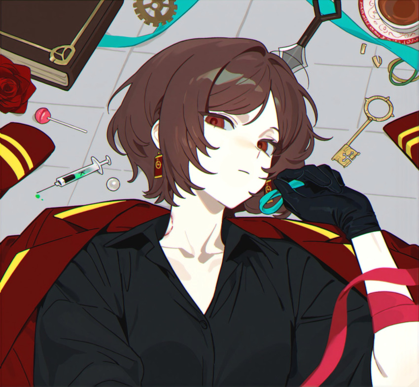 bite_mark black_gloves black_shirt bob_cut book bracelet brown_hair candy coat coat_on_shoulders collarbone cup dagger earrings expressionless flower food gears gem gloves hair_tie highres holding holding_hair_tie jewelry key knife limbus_company lollipop looking_at_viewer lying moony_(past_desiderium) oc_x_canon on_back on_floor pale_skin past_desiderium pearl_(gemstone) project_moon rectangular_earrings red_flower red_rose ribbon rose shirt teacup weapon