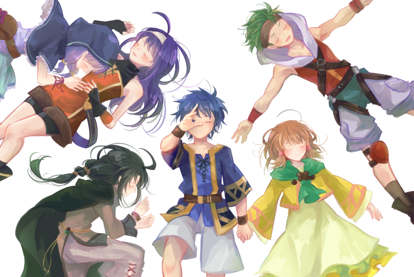 3boys 3girls aged_down blue_hair boyd_(fire_emblem) boyd_(future_great)_(fire_emblem) brother_and_sister brown_hair cape child closed_eyes commentary_request dress fingerless_gloves fire_emblem fire_emblem:_path_of_radiance fire_emblem_heroes gloves green_hair hair_tubes highres holding_hands hood hooded_cape hoodie ike_(close-knit_siblings)_(fire_emblem) ike_(fire_emblem) ilyana_(awakened_appetite)_(fire_emblem) ilyana_(fire_emblem) knee_pads long_hair lying mia_(budding_blade)_(fire_emblem) mia_(fire_emblem) mist_(close-knit_siblings)_(fire_emblem) mist_(fire_emblem) multiple_boys multiple_girls nintendo on_back on_side purple_hair shitaka_(sitaka3242) short_hair siblings simple_background sleeping sleeveless sleeveless_hoodie soren_(fire_emblem) soren_(hushed_voice)_(fire_emblem) white_background yellow_dress