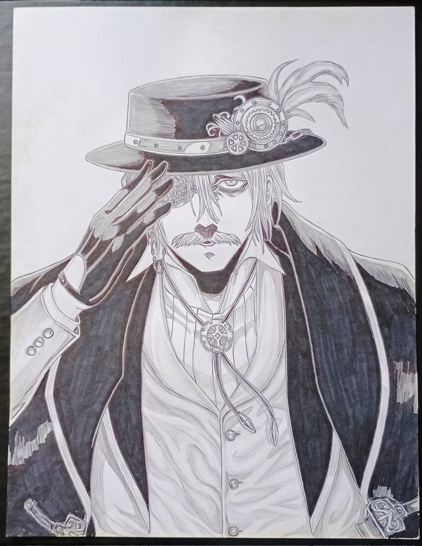 1boy coat coat_on_shoulders collared_shirt facial_hair facing_viewer formal_clothes gear_hat_ornament gears gloves greyscale hair_between_eyes half-closed_eyes hand_up hat hat_ornament highres jack_the_ripper_(shuumatsu_no_valkyrie) long_sleeves looking_at_viewer lower_teeth_only male_focus monochrome monocle mustache one_eye_covered shirt short_hair shuumatsu_no_valkyrie solo steampunk suit teeth top_hat victorian