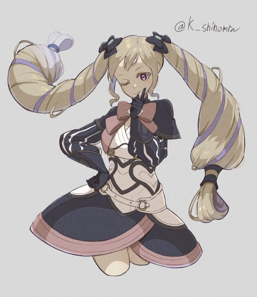 1girl ;) black_bow black_capelet black_gloves black_skirt blonde_hair bow bowtie capelet closed_mouth cropped_legs elise_(fire_emblem) fire_emblem fire_emblem_fates floating_hair gloves grey_background hair_bow hand_on_own_hip highres karashino long_hair looking_at_viewer multicolored_hair nintendo one_eye_closed pink_bow pink_bowtie pink_eyes purple_hair simple_background skirt smile solo twitter_username two-tone_hair very_long_hair