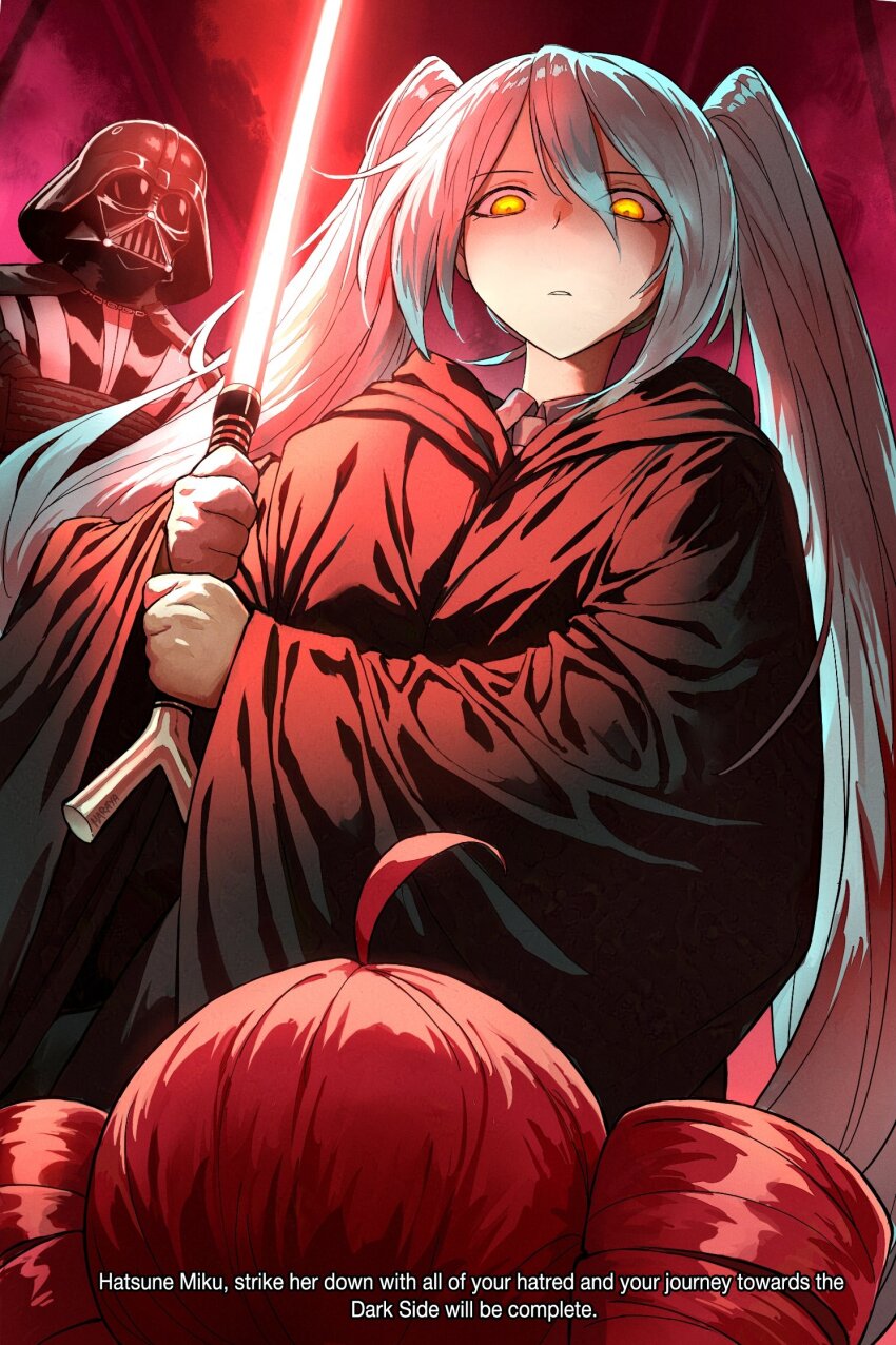 1boy 2girls ahoge aqua_hair black_helmet black_robe commentary crossover darth_vader drill_hair empty_eyes energy_sword english_text haraya_manawari hatsune_miku helmet highres holding holding_sword holding_weapon hooded_robe kasane_teto lightsaber long_hair looking_at_another multiple_girls red_hair red_lightsaber robe star_wars sword twintails utau very_long_hair vocaloid weapon yellow_eyes