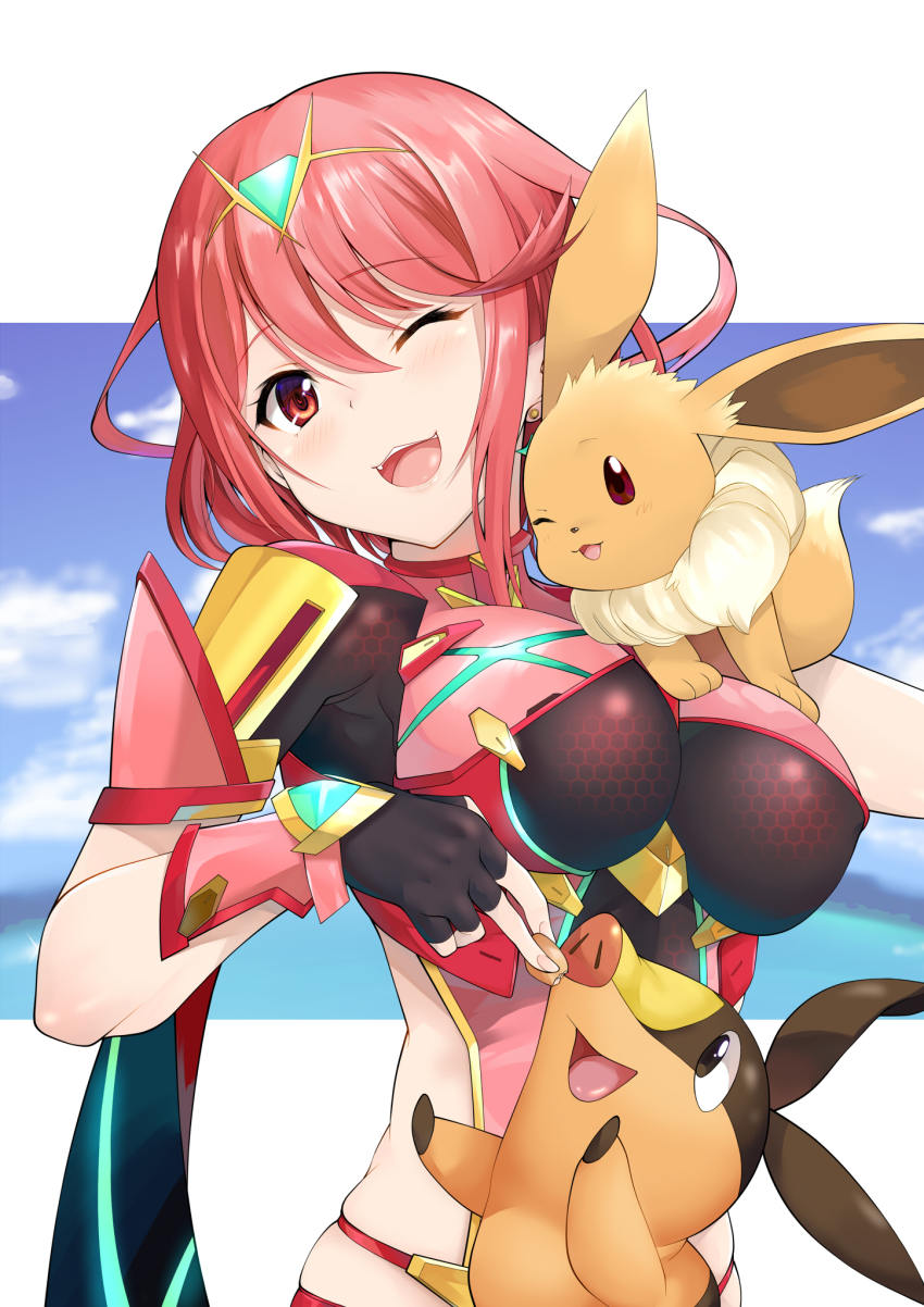 1girl black_gloves breasts chest_jewel crossover daive eevee gen_1_pokemon gen_5_pokemon gloves hair_between_eyes headpiece highres jewelry large_breasts nintendo object_on_breast pokemon pokemon_(creature) pyra_(xenoblade) red_eyes red_hair red_shorts shorts standing_on_breasts tepig tiara xenoblade_chronicles_(series) xenoblade_chronicles_2